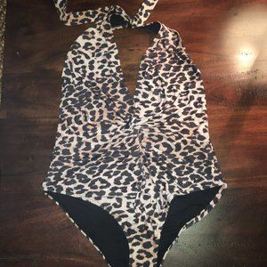 GANNI Halterneck leopard-print swimsuit, Size 38
